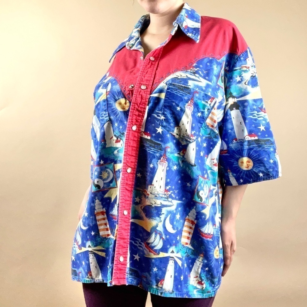 VINTAGE Women's XL Lighthouse Yin Yang Sun Moon Button Up Shirt Beach Y2K Granny